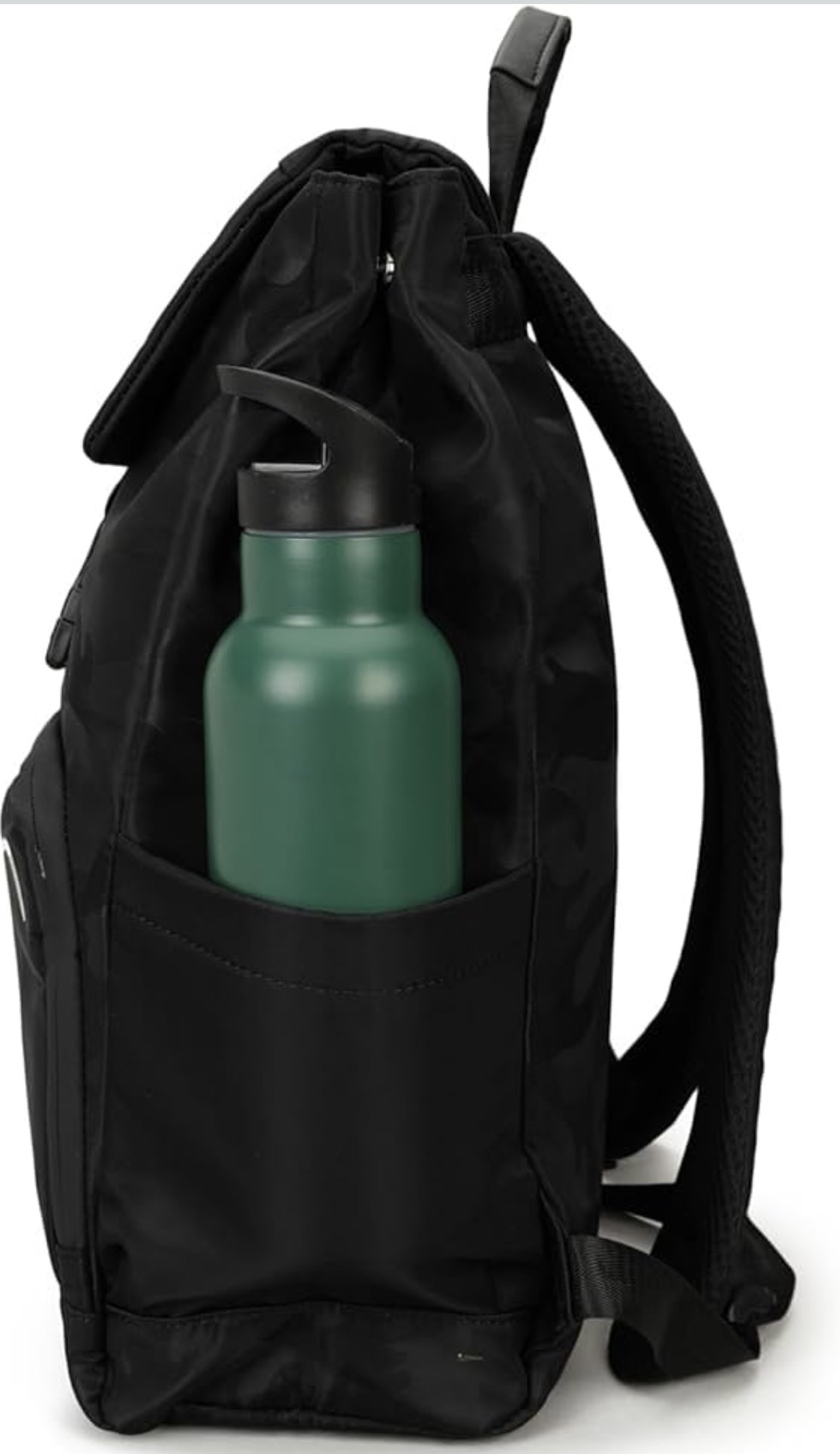 Screenshot - laxmiautocare.com Black backpack with a green water bottle in the side pocket.