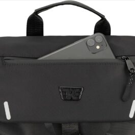 Black backpack with a gray smartphone partially tucked into the front pocket.
