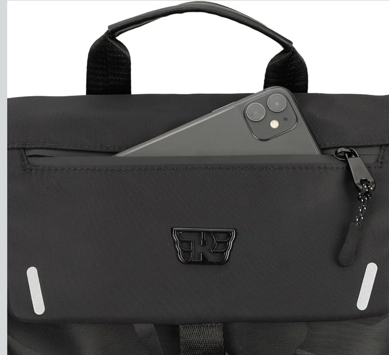 Screenshot - laxmiautocare.com Black backpack with a gray smartphone partially tucked into the front pocket.