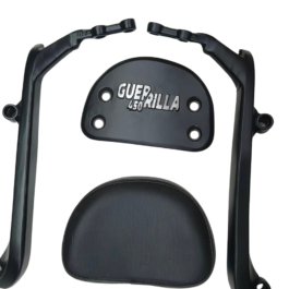 Backrest assembly for a small motorcycle or quad with a padded curved cushion and a labeled plate reading GUERRILLA 450