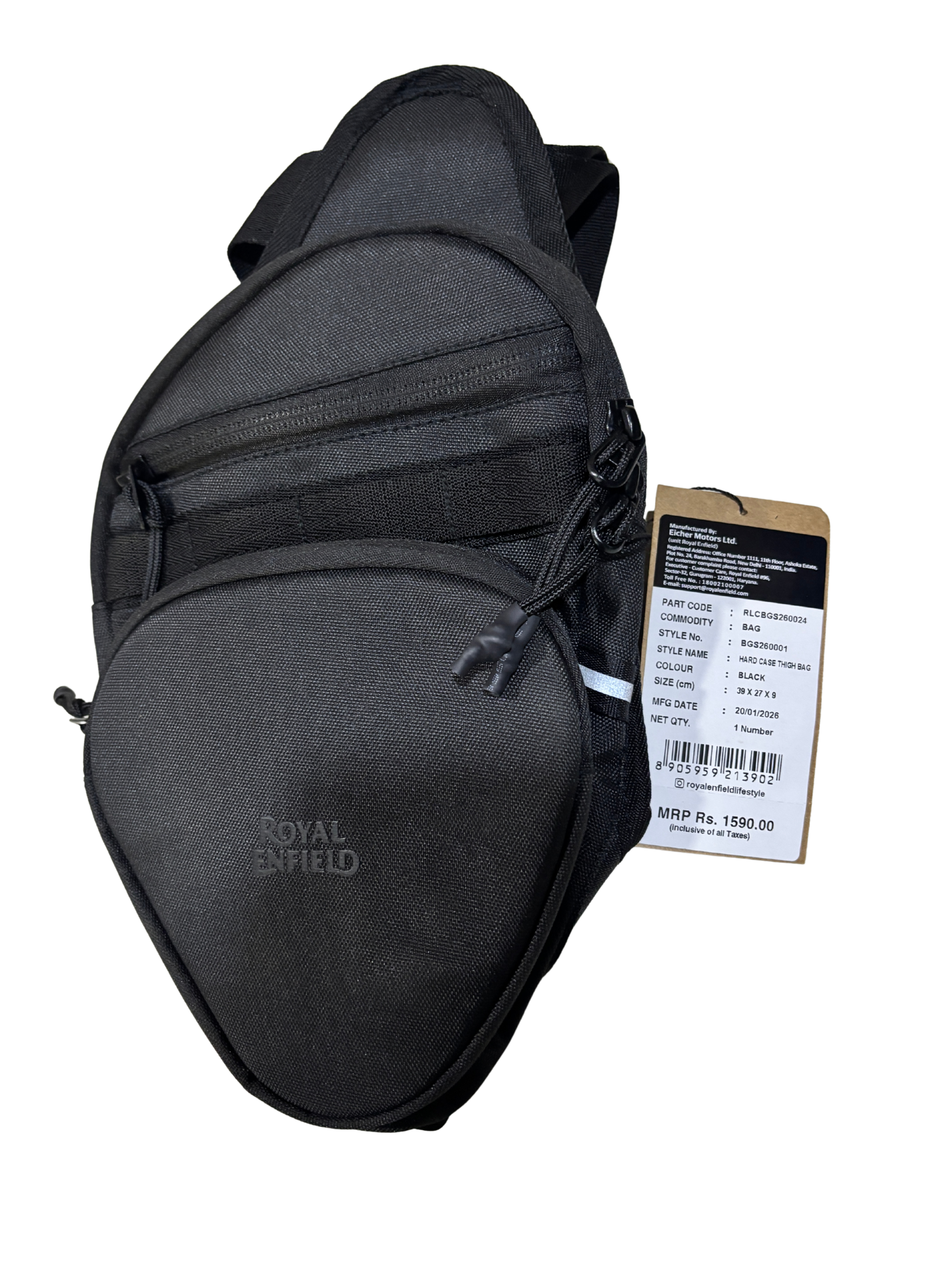 f0132991-3053-47c4-979b-555c6c2a9725 - laxmiautocare.com Black fabric backpack with a hanging product tag showing branding and a barcode area.