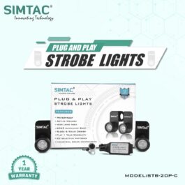 Screenshot - laxmiautocare.com SIMTAC Plug-and-Play Strobe Lights kit: box, two black strobes, and controller on a light blue background.