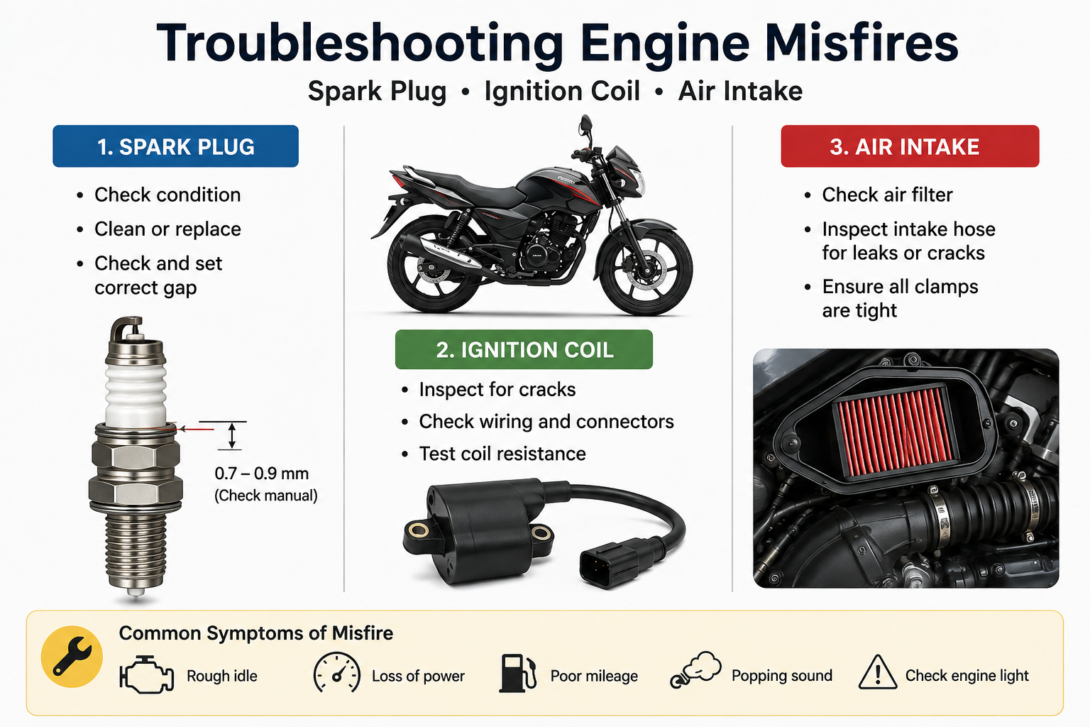 Infographic on troubleshooting engine misfires focusing on spark plug, ignition coil, and air intake.