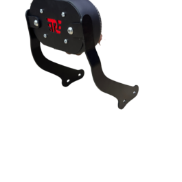 a34e42eb-db58-42c0-a3f7-7eec5fbd6b6e - laxmiautocare.com Black leather, rounded carrying case with two side straps and visible metal bolts; red cutout logo in the center communicates the brand or design.