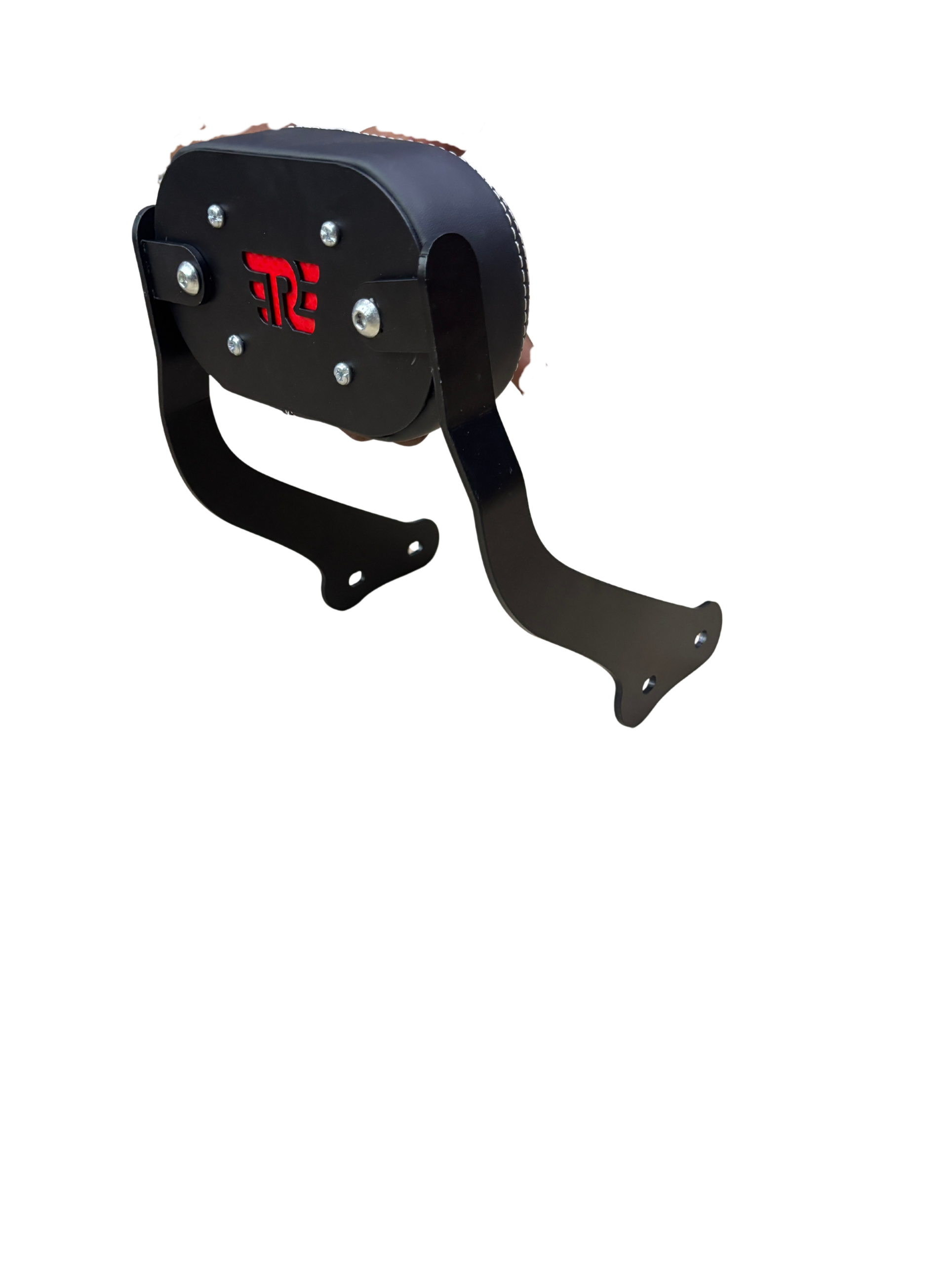 Black leather, rounded carrying case with two side straps and visible metal bolts; red cutout logo in the center communicates the brand or design.