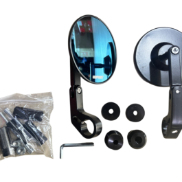 Exploded view of a round rear-view mirror kit with mounting arms, washers, bolts, and a bag of screws laid out on a black background.