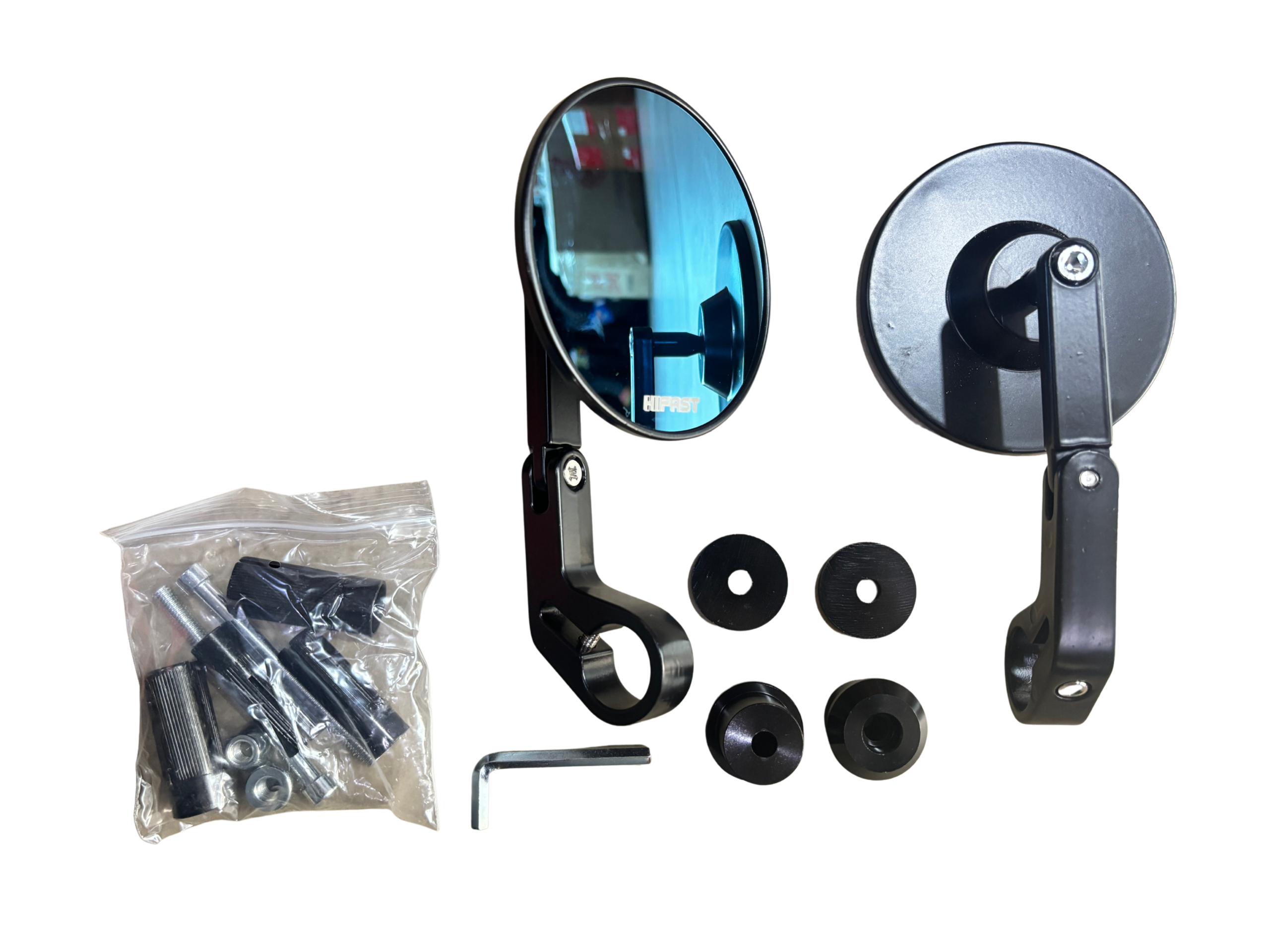 c940c8db-3756-4c48-b872-d01c79143fe2 - laxmiautocare.com Exploded view of a round rear-view mirror kit with mounting arms, washers, bolts, and a bag of screws laid out on a black background.