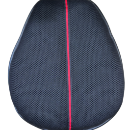 Close-up of a navy blue mesh chair backrest with a red center seam running vertically.