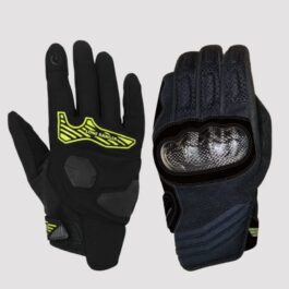 Screenshot - laxmiautocare.com Pair of motorcycle gloves: left glove black with neon yellow stripe and logo; right glove with hard knuckle protection and mesh back.