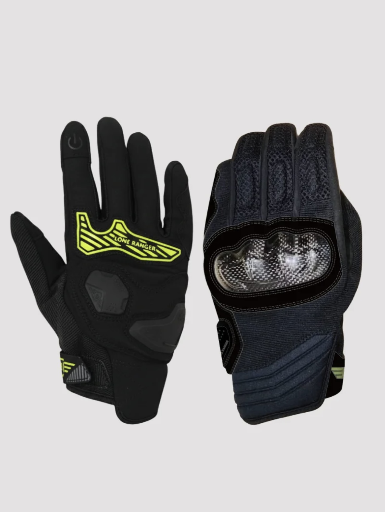 Screenshot - laxmiautocare.com Pair of motorcycle gloves: left glove black with neon yellow stripe and logo; right glove with hard knuckle protection and mesh back.