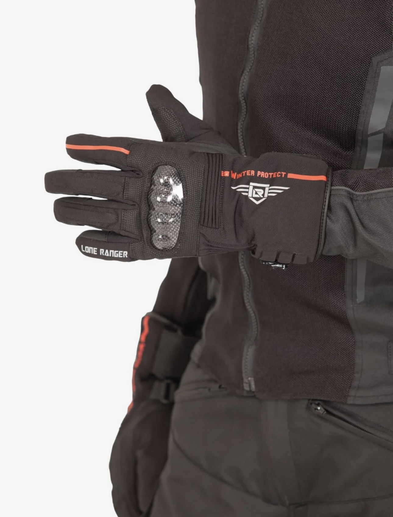 Screenshot - laxmiautocare.com Black winter glove with an orange stripe, showing Lone Ranger branding and a small winged emblem on the wrist area, worn by a person in a dark jacket.