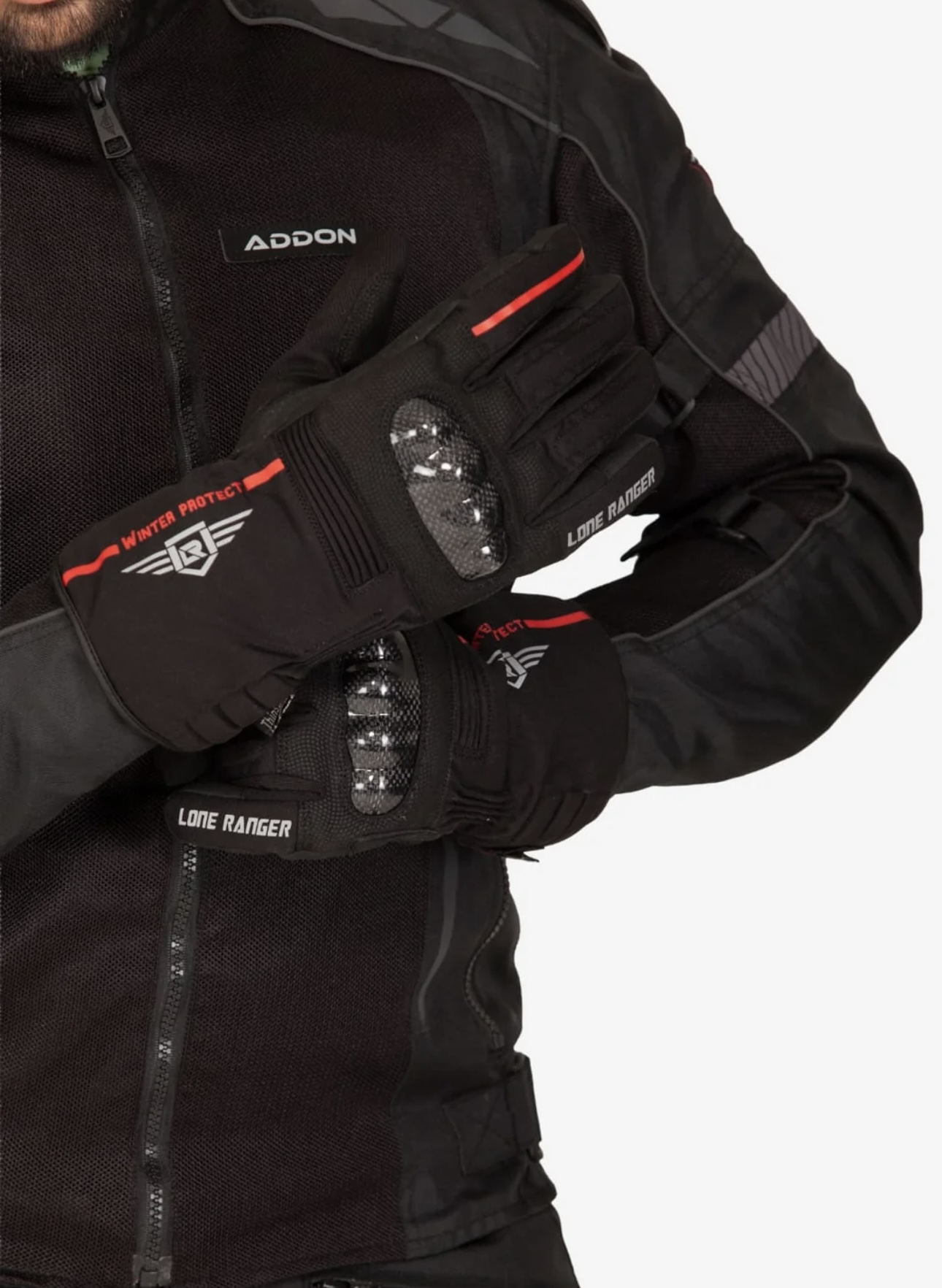 Screenshot - laxmiautocare.com Person wearing a black motorcycle jacket and protective winter gloves with red accents and brand logos (Addon, Lone Ranger).