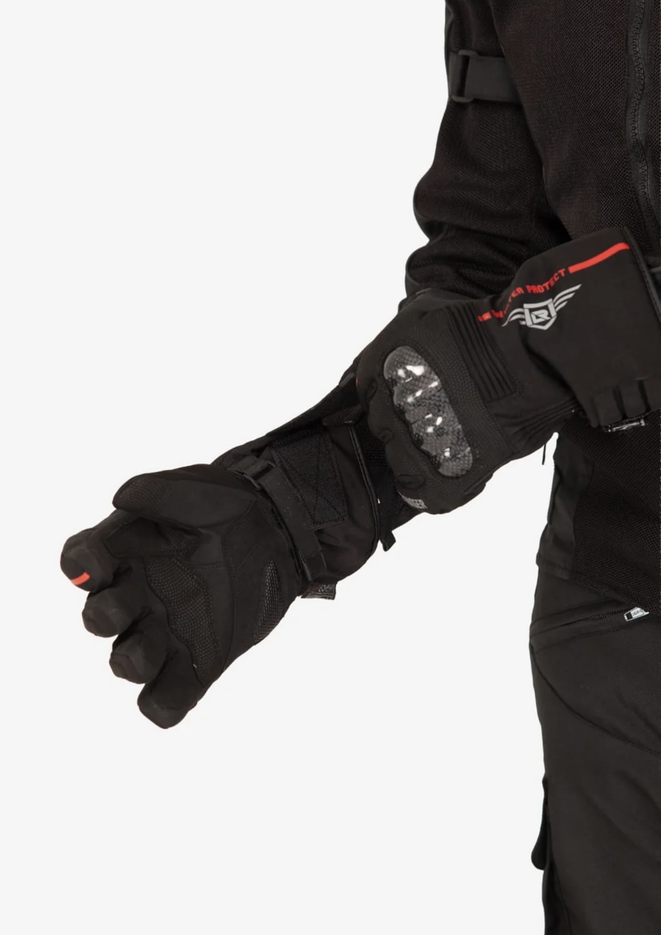 Screenshot - laxmiautocare.com Close-up of a black protective motorcycle jacket sleeve with an elbow pad and red detail accents on the wrist strap.
