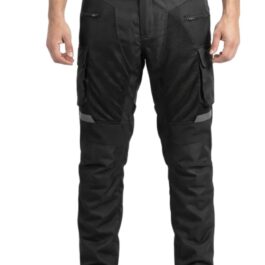 Screenshot - laxmiautocare.com Black tactical cargo pants with multiple pockets and mesh panels, worn with boots by a standing person.