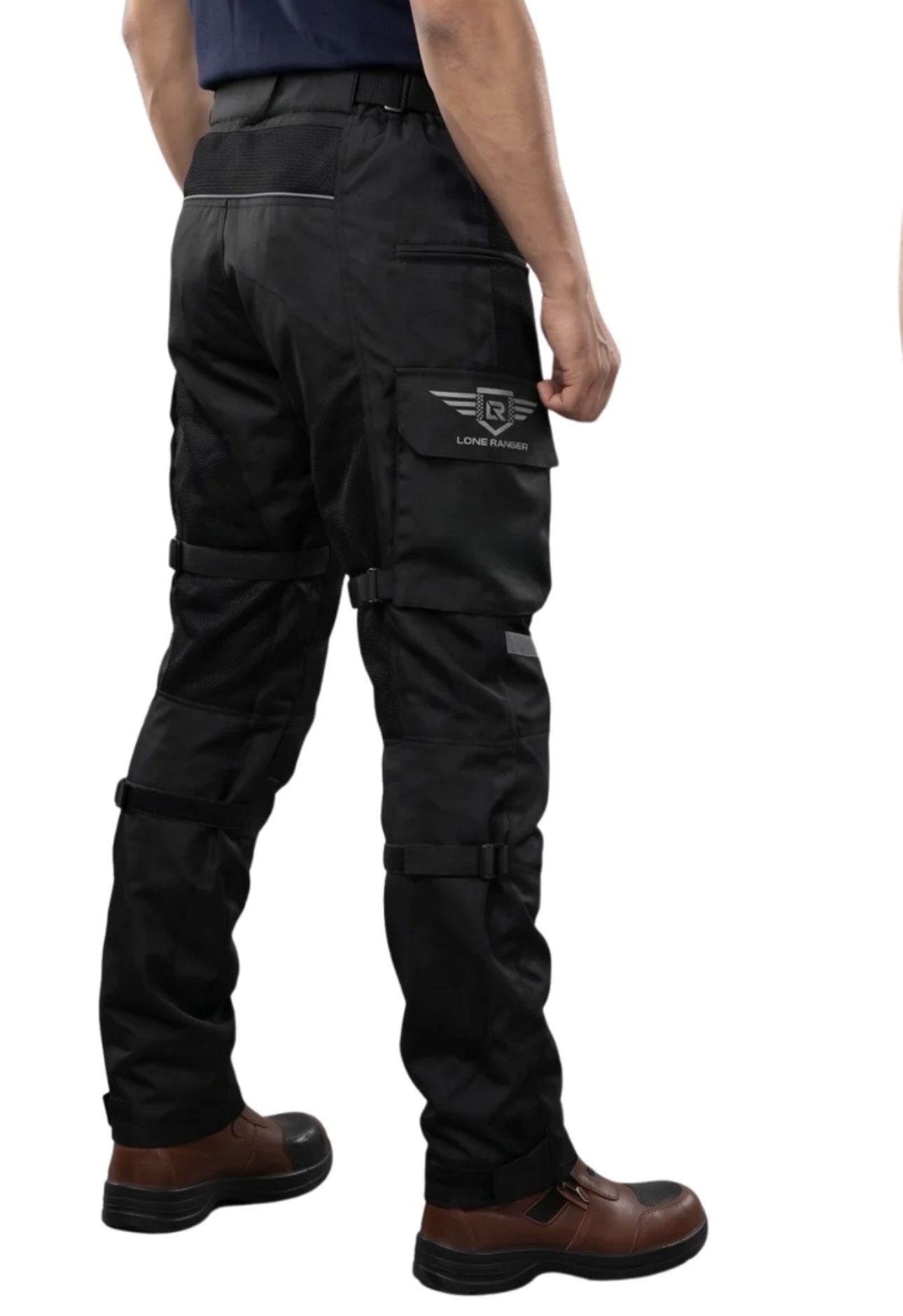 Screenshot - laxmiautocare.com Man wearing black tactical cargo pants with a side pocket showing a patch reading 'LONE RANGER' and brown shoes.