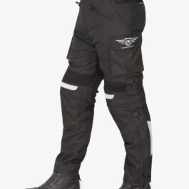 Screenshot - laxmiautocare.com Black tactical cargo pants with multiple pockets and knee padding paired with rugged boots, shown from the side a logo on the back pocket visible.