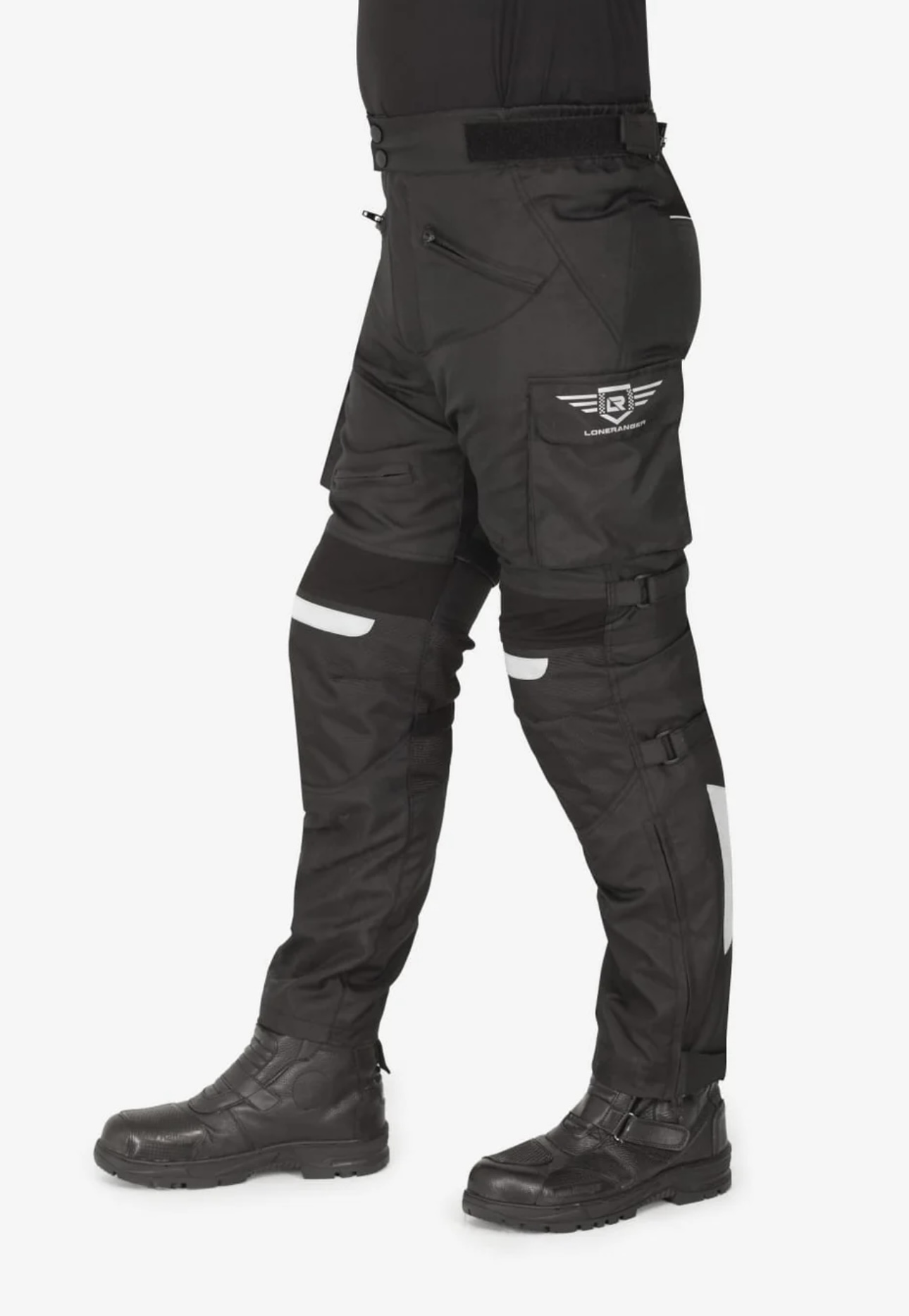 Black tactical cargo pants with multiple pockets and knee padding paired with rugged boots, shown from the side a logo on the back pocket visible.