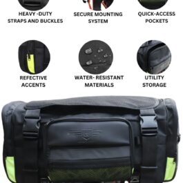 Screenshot - laxmiautocare.com Graphic showing a motorcycle tail bag with six feature icons: heavy-duty straps and buckles, secure mounting system, quick-access pockets, reflective accents, water-resistant materials, and utility storage. Context: rear view of the bag on a motorcycle.