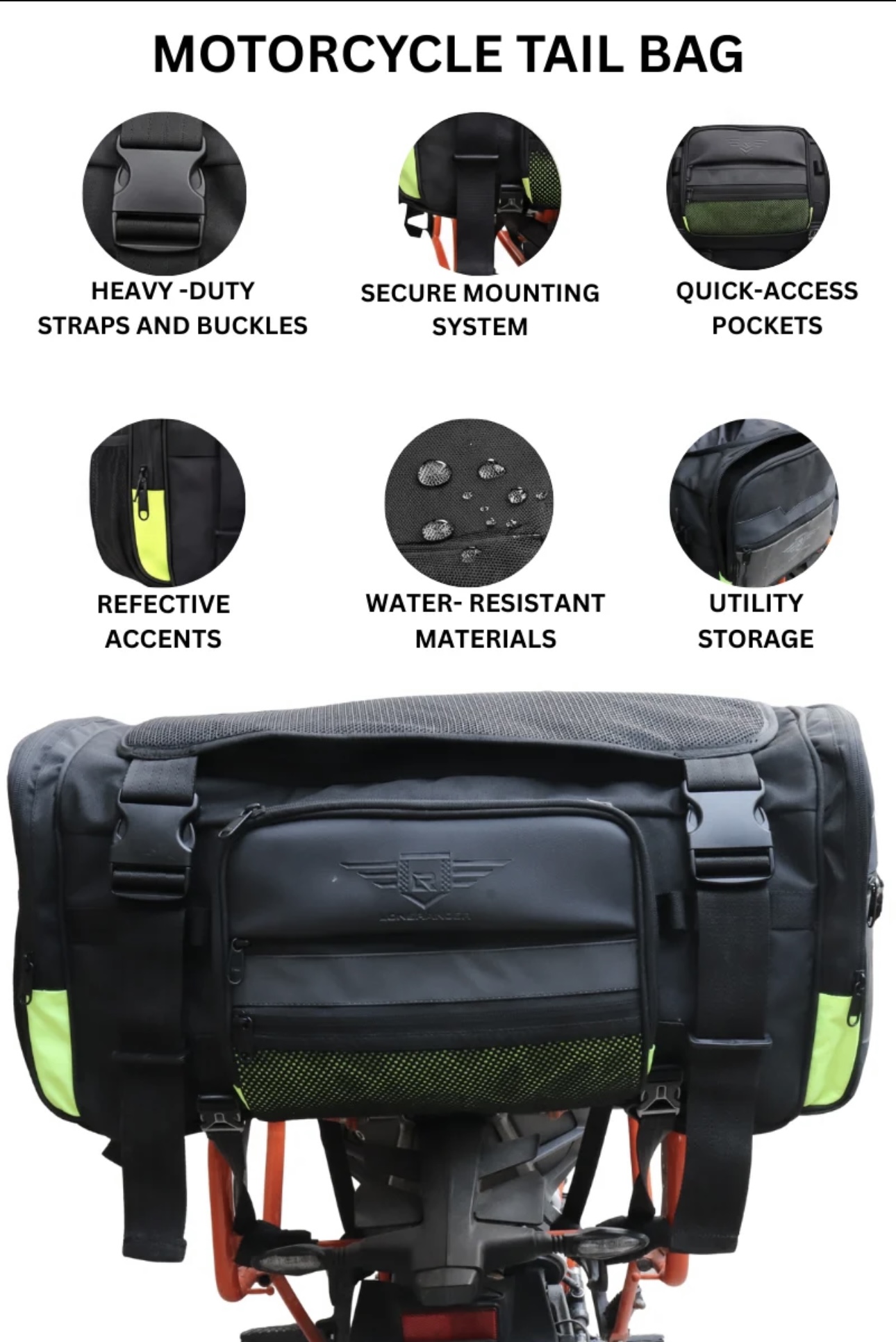 Graphic showing a motorcycle tail bag with six feature icons: heavy-duty straps and buckles, secure mounting system, quick-access pockets, reflective accents, water-resistant materials, and utility storage. Context: rear view of the bag on a motorcycle.