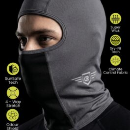 Screenshot - laxmiautocare.com Gray balaclava-style facemask on a person, with feature icons along the right edge (SunSafe Tech, Dry-Fit Tech, Climate Control Fabric, 4‑Way Stretch, Breathable Mesh)