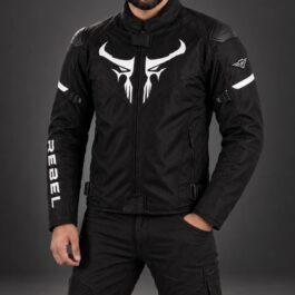Screenshot - laxmiautocare.com Black motorcycle jacket with a white horned skull logo on the chest, including shoulder protection and zip pockets.