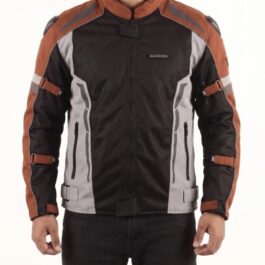 Screenshot - laxmiautocare.com Motorcycle jacket in black, gray, and orange with protective armor and zippered vents, labeled ADDON on chest.