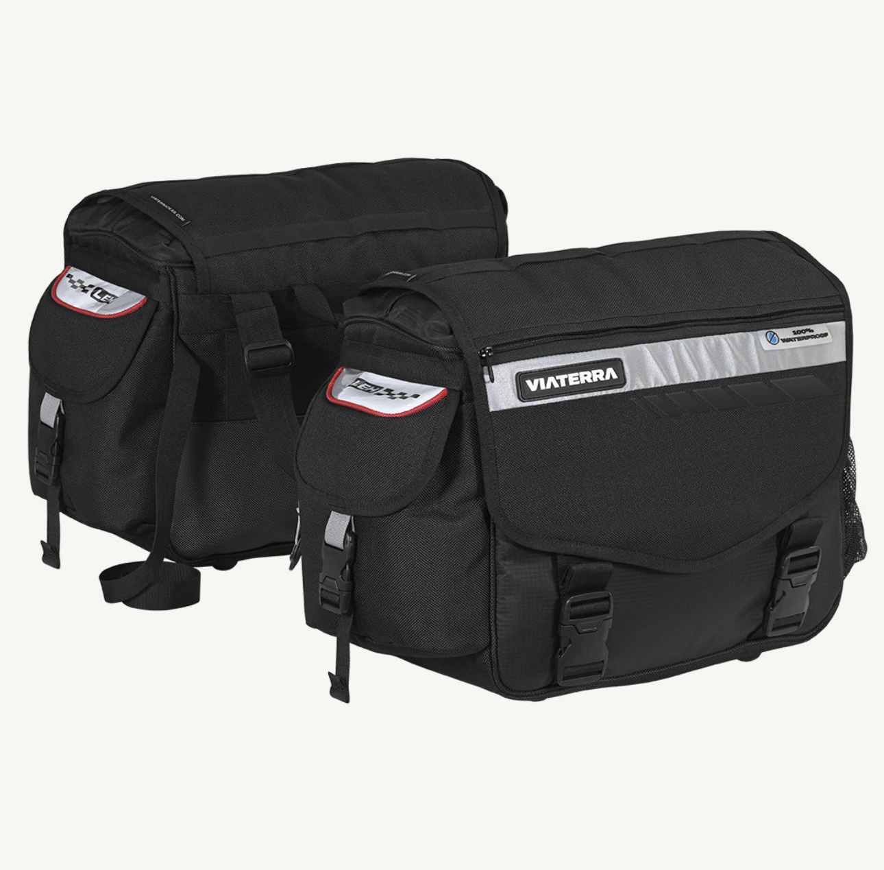 Pair of black motorcycle saddle bags with buckled flaps and side pockets, brand Viaterra visible on the front.