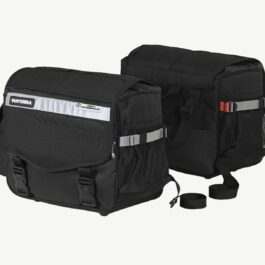 Screenshot - laxmiautocare.com Pair of black bike pannier bags with buckles, straps, and side pockets for mounting on a rear rack
