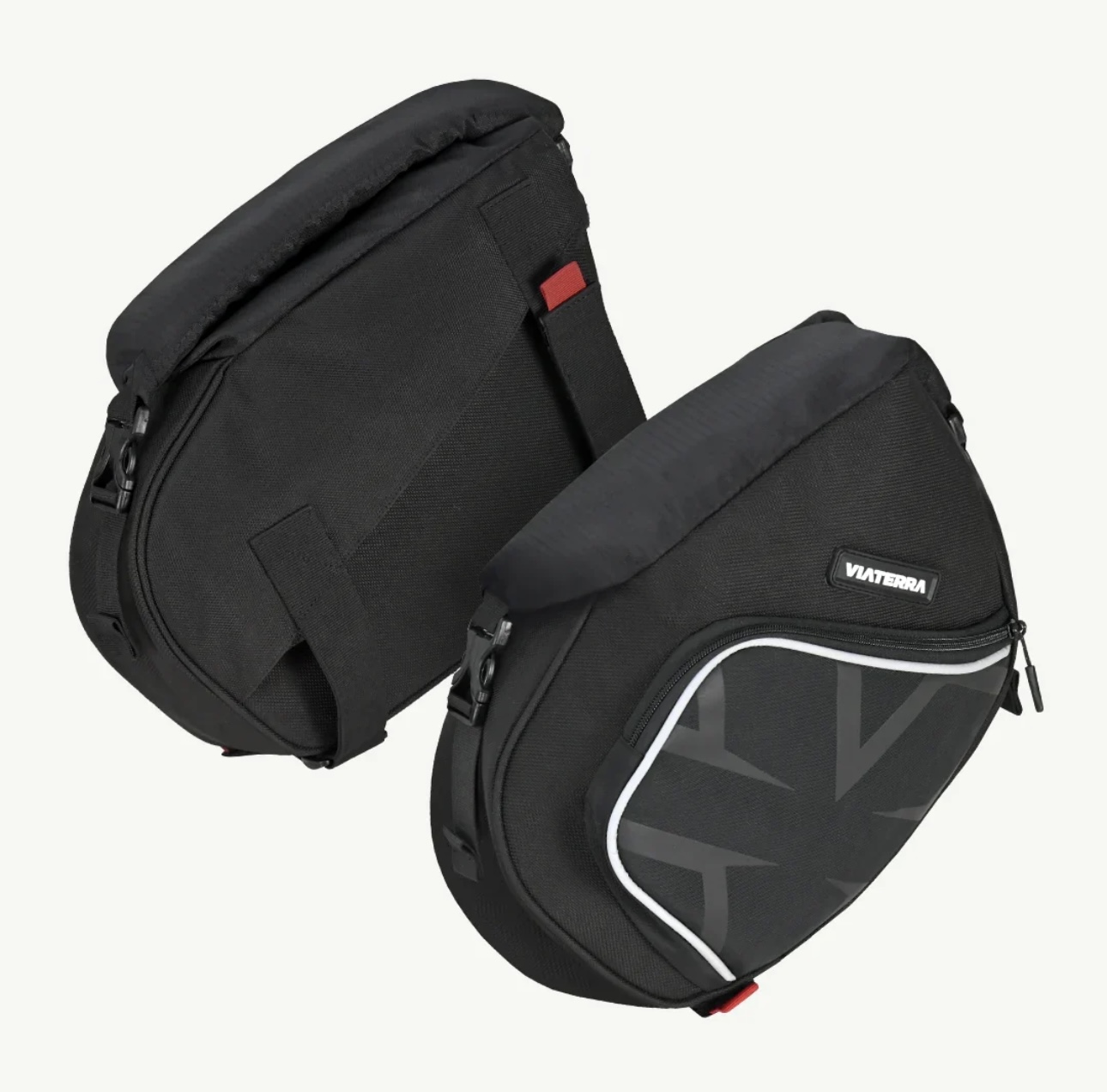 Screenshot - laxmiautocare.com Pair of black Viaterra bicycle saddle bags with zippered compartments and reflective front panel accents on the right bag.