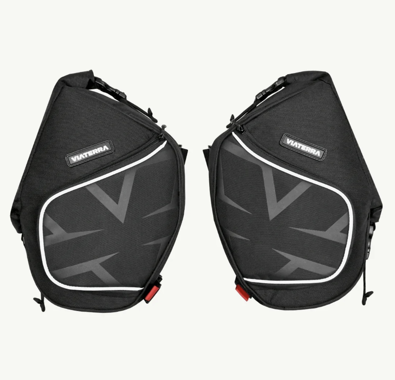 Screenshot - laxmiautocare.com Pair of black bicycle pannier bags with gray angular pattern, white piping, and red attachment tabs for a rear rack.