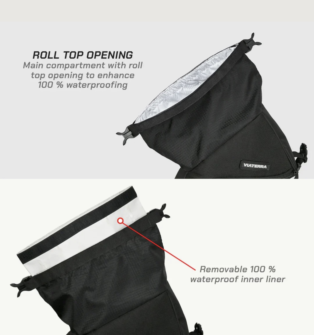 Screenshot - laxmiautocare.com Black roll-top bag with a waterproof inner liner and drawstring closures; emphasizes roll-top opening and 100% waterproofing.