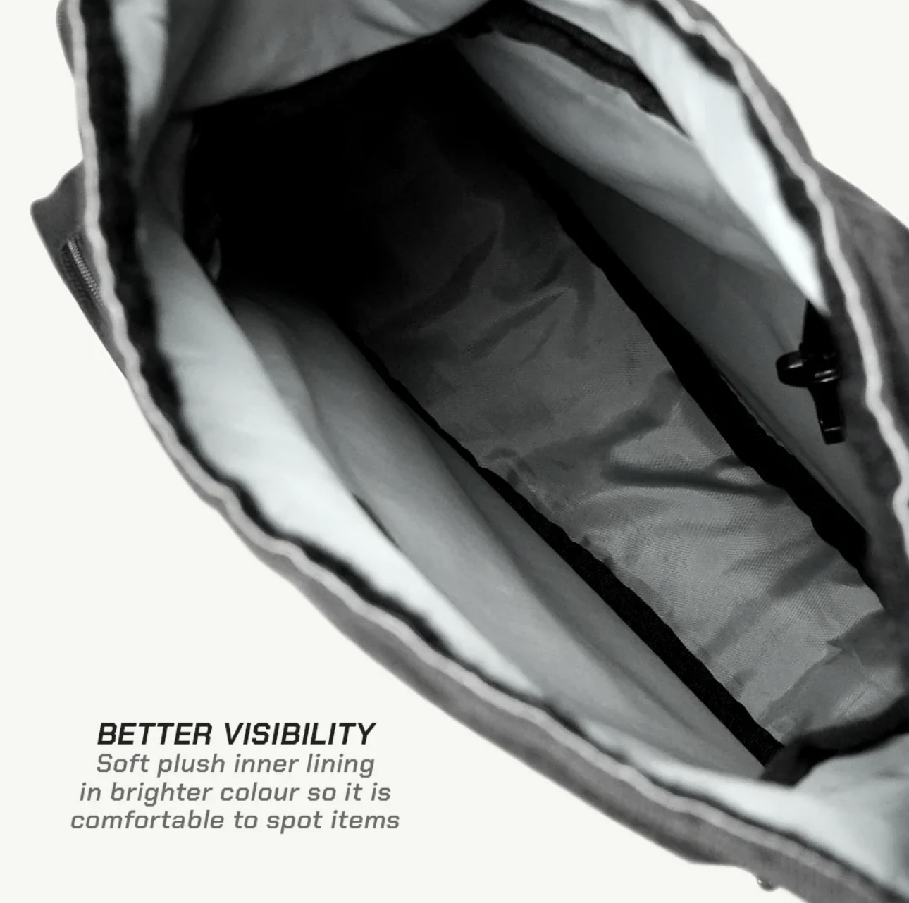Screenshot - laxmiautocare.com Open top view of a bag showing a soft plush inner lining in a light color to help spot items inside