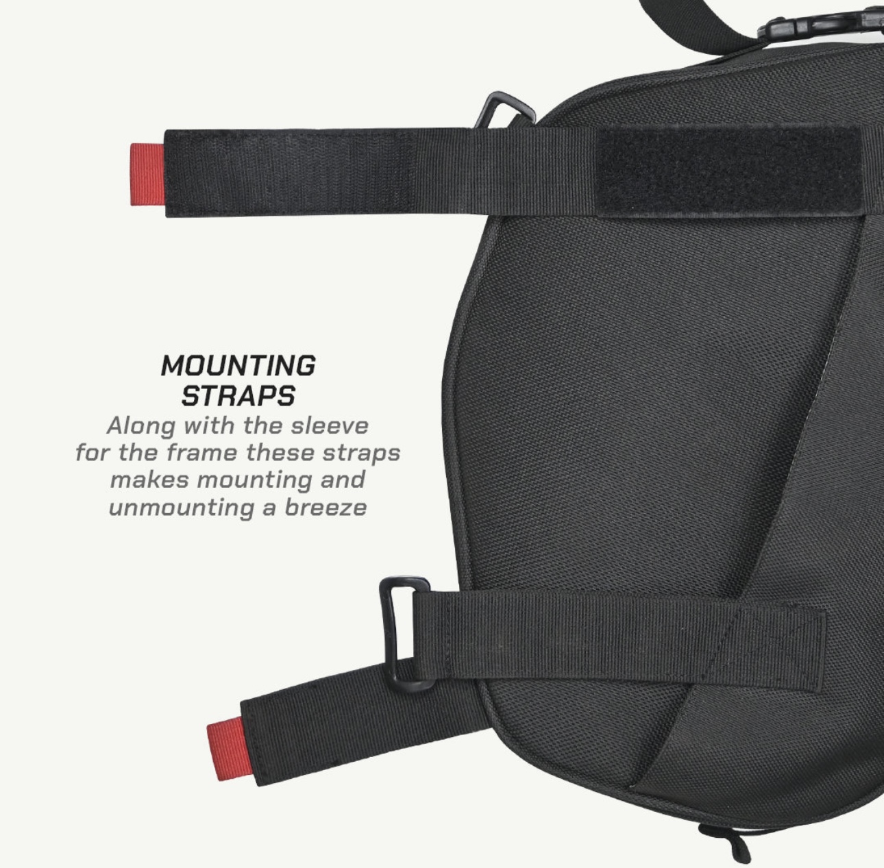 Screenshot - laxmiautocare.com Close-up of black mounting straps with red ends on a dark bag, showing attachment points for easy mounting and unmounting.