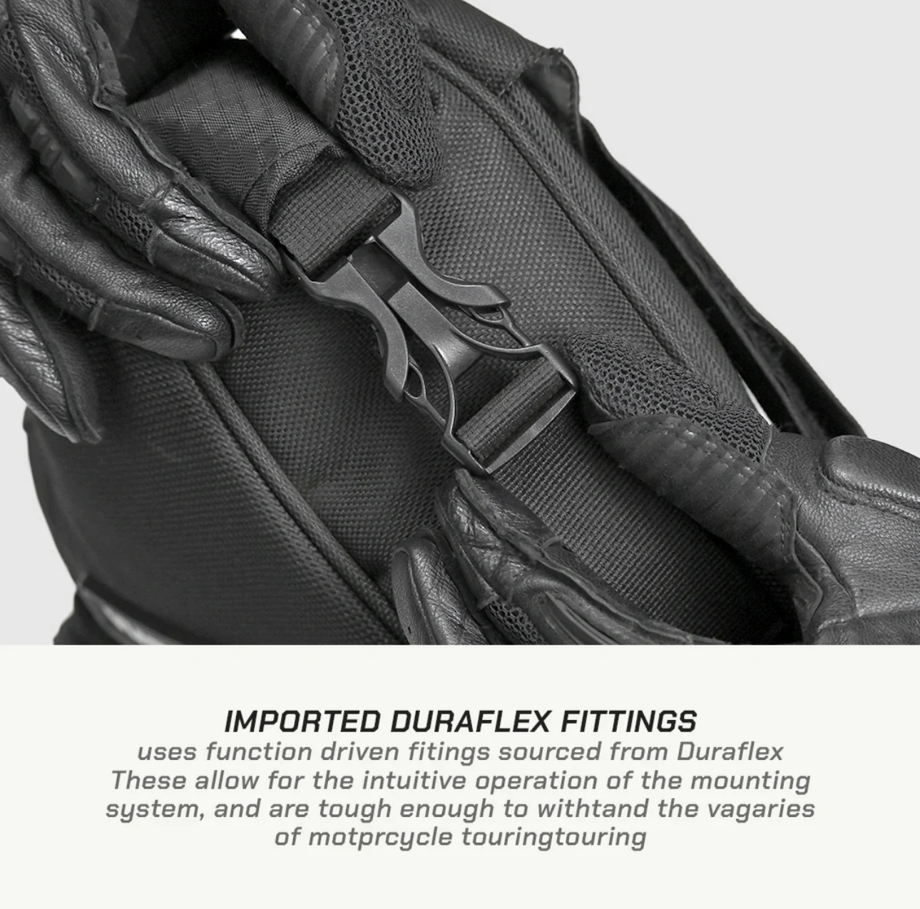 Screenshot - laxmiautocare.com Close-up of black leather-gloved hands adjusting a Duraflex buckle on protective gear.