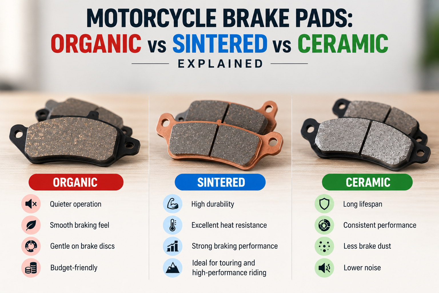 Infographic banner comparing organic, sintered, and ceramic motorcycle brake pads with their advantages and features.