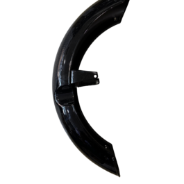 Curved glossy black car fender with mounting bracket, cropped against a black background.