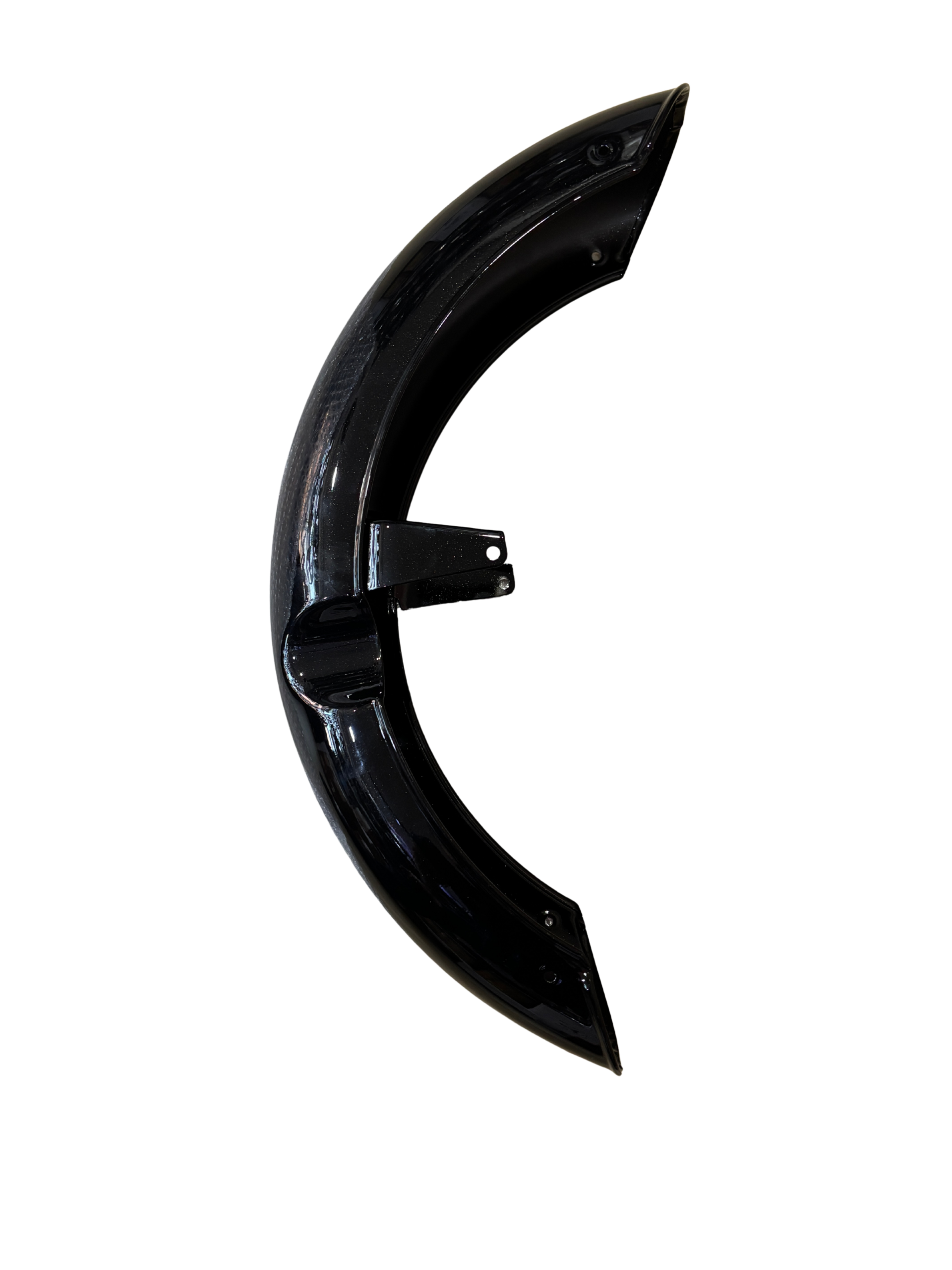 eda29332-0196-4c7b-bd72-1bb87cbb403b - laxmiautocare.com Curved glossy black car fender with mounting bracket, cropped against a black background.